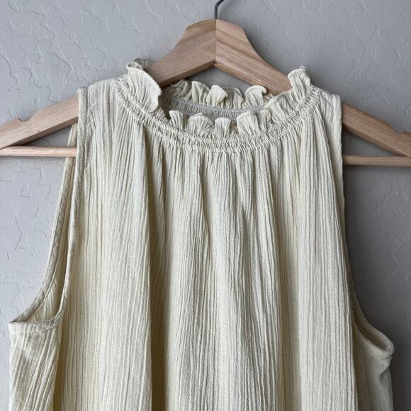 Suzie Kondi Cream Textured Cotton Ruffle High Neck Sleeveless‎ Top Size Small - Picture 3 of 8